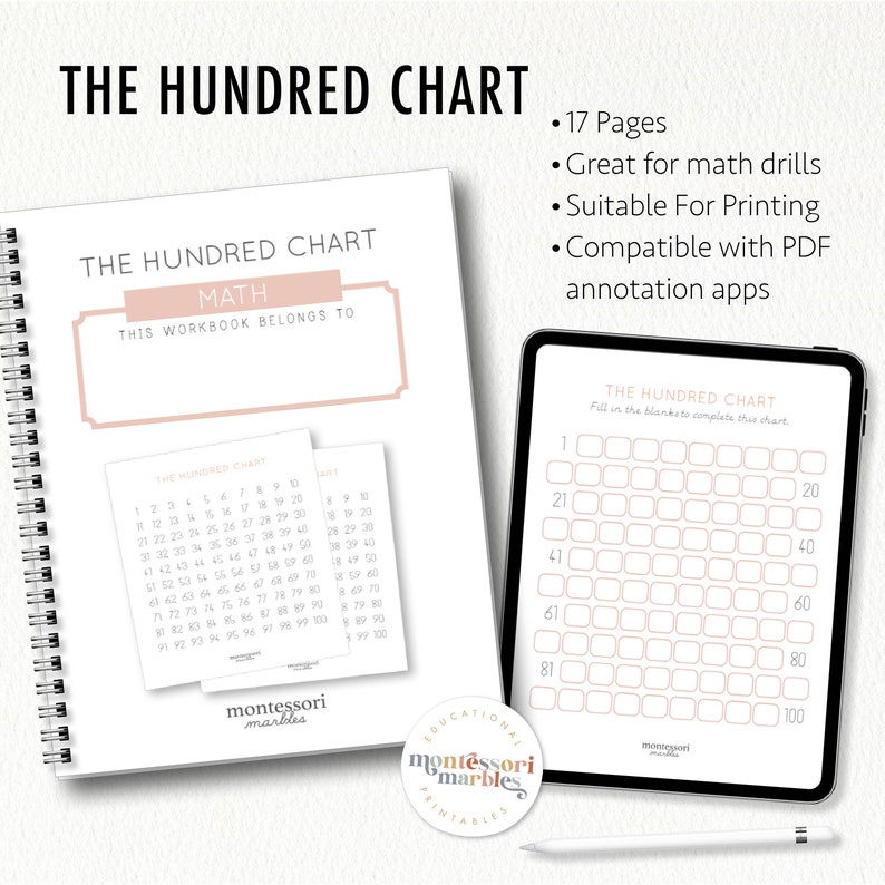 May include: A printable workbook for learning math with a hundred chart. The workbook has 17 pages and is compatible with PDF annotation apps. The cover of the workbook is pink and white with the title "The Hundred Chart Math" and the text "This Workbook Belongs To".