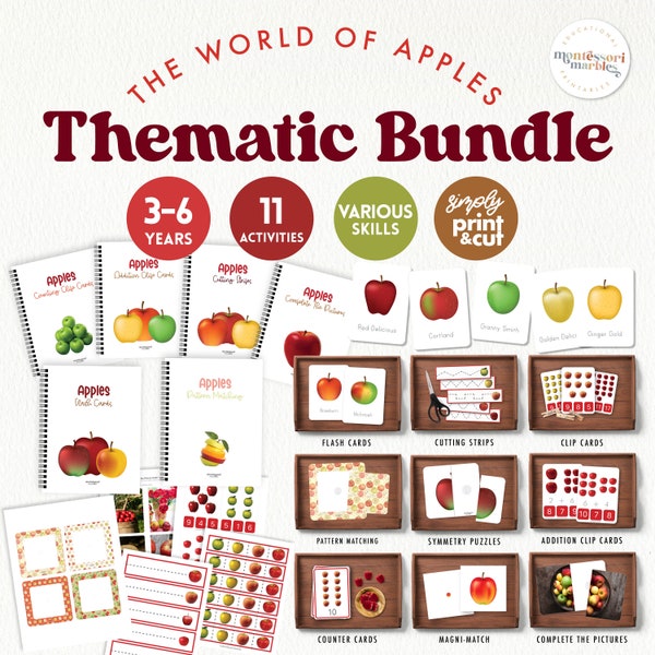 APPLE BUNDLE Montessori Inspired Activities for Kindergarten | Visual Skills, Math and Cutting Strips | Printable Themed Resources