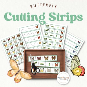 May include: A set of printable butterfly cutting strips for kids. The strips feature colorful butterflies, caterpillars, and cocoons. The printable sheets are designed to help children develop fine motor skills and learn about the life cycle of a butterfly.