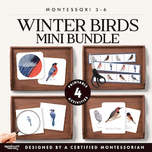 May include: A Montessori 3-6 Winter Birds mini bundle featuring four printable activities. The set includes cards with watercolor bird illustrations, a magnifying glass, and scissors. Text includes "MONTESSORI 3-6", "WINTER BIRDS MINI BUNDLE", "PRINTABLE 4 ACTIVITIES", and "DESIGNED BY A CERTIFIED MONTESSORIAN".