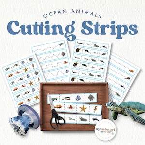 Op de afbeelding: Printbare set met knipstroken voor zeedieren. De set bevat 10 verschillende zeedieren, zoals een zeeschildpad, een kwal, een octopus en een zeester. De stroken zijn ontworpen om uit elkaar te knippen en te gebruiken voor verschillende activiteiten, zoals matchen, sorteren en sequencen.