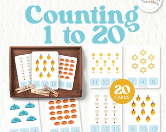 May include: A set of 20 Hanukkah counting cards, featuring illustrations of dreidels, menorahs, and other holiday symbols. The cards are designed for educational purposes, with numbers from 1 to 20. The text "Counting 1 to 20" is displayed in large, blue letters.
