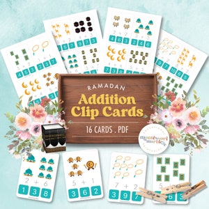 RAMADAN Addition Clip Cards | Centre de mathématiques précoces | Apprentissage des additions de base | Thème islamique pour le ramadan