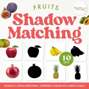 Può includere: Un set di 10 carte di abbinamento delle ombre stampabili che presentano vari frutti, tra cui mele, banane, ananas, melograni e fichi. Le carte sono progettate per l'uso nelle aule Montessori e sono ideali per insegnare ai bambini i diversi frutti e le loro forme.