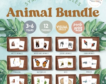 May include: A set of 12 printable symmetry puzzles featuring various animal themes, including arctic animals, woodland animals, safari animals, farm animals, penguins, butterflies, bees, whales, ocean animals, frogs, seashells, and sharks. The puzzles are designed for children ages 3-6 and are labeled with the text "Symmetry Puzzles Animal Bundle".