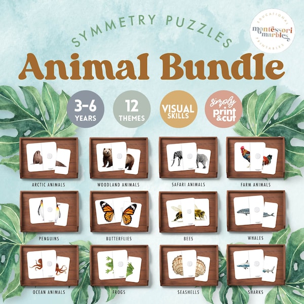 60% off!! SYMMETRY PUZZLES BUNDLE | 12 Animal Themes | Bundle Pack for Montessori Primary Classroom | Matching Activities for Preschool