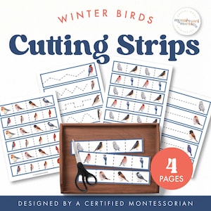 May include: Educational cutting strips featuring winter birds. The image shows four pages of cutting strips with various bird illustrations, dotted and solid lines, and the text "Cutting Strips" and "Winter Birds". A pair of scissors rests on a wooden tray.