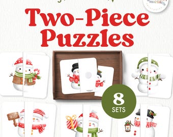 Könnte beinhalten: Ein Set aus acht zweiteiligen Schneemann-Puzzles. Jedes Puzzle zeigt einen Schneemann mit Hut, Schal und Accessoires. Die Puzzles sind für Bildungszwecke konzipiert und für Klassenzimmer geeignet.