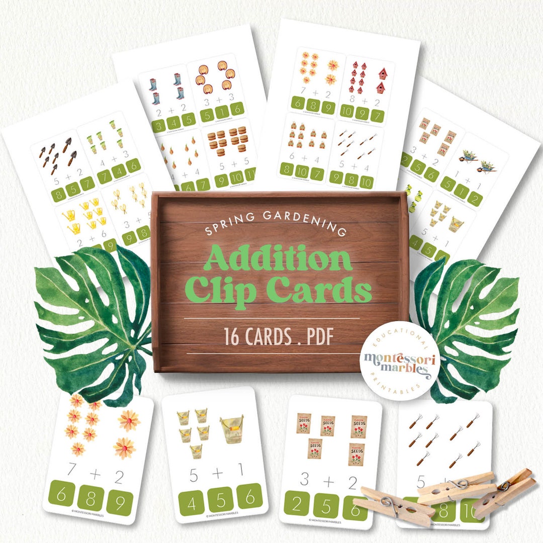 Gardening Addition Clip Cards | Montessori Prek Math | Spring Learning ...