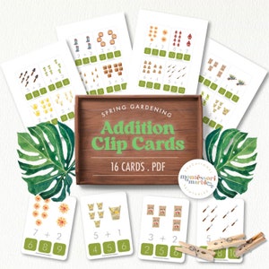 JARDINAGE Cartes à clip, mathématiques pour la maternelle et la maternelle, mathématiques Montessori, addition simple, ressource pour l'école à la maison, inspiration Montessori