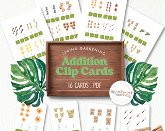 May include: A set of 16 printable spring gardening addition clip cards. The cards feature colorful illustrations of gardening tools, flowers, and other spring-themed items. The cards are designed to help children learn basic addition facts.