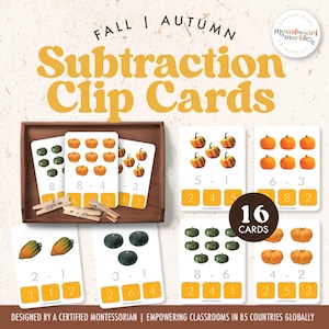 FALL Subtraction Clip Cards | First Grade Math | Learn Simple Subtraction with Counters | Autumn Theme