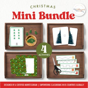 Könnte beinhalten: Ein Weihnachts-Mini-Bundle mit vier Aktivitäten. Das Bild zeigt Holztabletts mit Karten, Holz-Weihnachtsbäumen und Scheren. Die Karten zeigen Weihnachtsbäume, Zahlen und Geschenk-Muster. Der Text lautet "Christmas Mini Bundle" und "4 Activities".