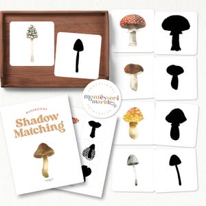 May include: A set of printable mushroom shadow matching cards. The cards feature watercolor illustrations of different types of mushrooms, including red and white, brown, and yellow mushrooms. Each mushroom has a corresponding shadow card. The cards are labeled "Mushrooms Shadow Matching" and "Educational Montessori Marbles Printables".