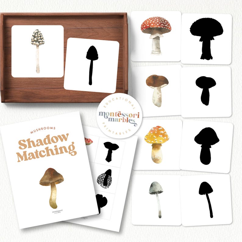 May include: A set of printable mushroom shadow matching cards. The cards feature watercolor illustrations of different types of mushrooms, including red and white, brown, and yellow mushrooms. Each mushroom has a corresponding shadow card. The cards are labeled "Mushrooms Shadow Matching" and "Educational Montessori Marbles Printables".