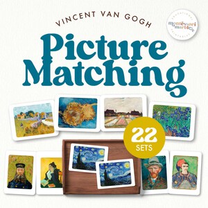 Op de afbeelding: Een set beeldkaarten met schilderijen van Vincent Van Gogh. De kaarten worden gepresenteerd in een houten dienblad en tonen afbeeldingen van zonnebloemen, sterrennachten en portretten. De set bevat 22 kaartensets.