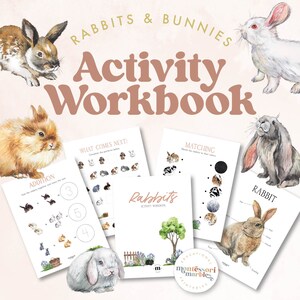 Op de afbeelding: Een set met printbare educatieve werkbladen met aquarel illustraties van konijnen en hazen. De werkbladen bevatten activiteiten zoals optellen, matchen en wat komt erna. De titel van de set is "Rabbits & Bunnies Activity Workbook".