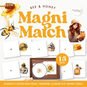 Magni-Match ABEILLES ET MIEL | Jeu d'associations imprimables Montessori | Activité d'été dans la nature | Jeu de loupe pour le préscolaire et la maternelle