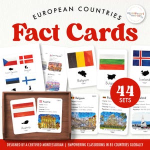 Schede informative sull'Europa con acquerelli di monumenti, regalo Montessori, continenti, geografia, risorsa di apprendimento Montessori, 44 paesi