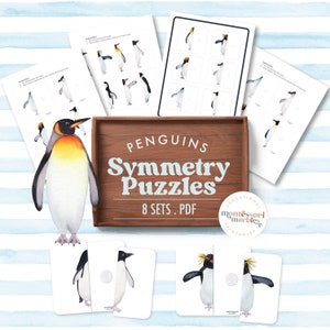 May include: Printable penguin symmetry puzzles for kids.  The set includes 8 different penguin designs, each with a line of symmetry down the middle.  The puzzles are perfect for helping children learn about symmetry and spatial reasoning.  The text on the image reads "Penguins Symmetry Puzzles 8 Sets. PDF Educational Montessori Marbles Printables".