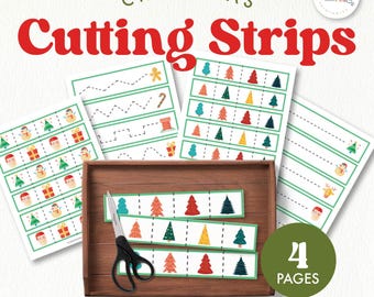 May include: Christmas-themed cutting strips for kids. The image shows four pages of cutting practice with festive designs, including Christmas trees, gifts, and snowmen. The text "Cutting Strips" is in large red letters. A pair of scissors rests on a wooden tray.