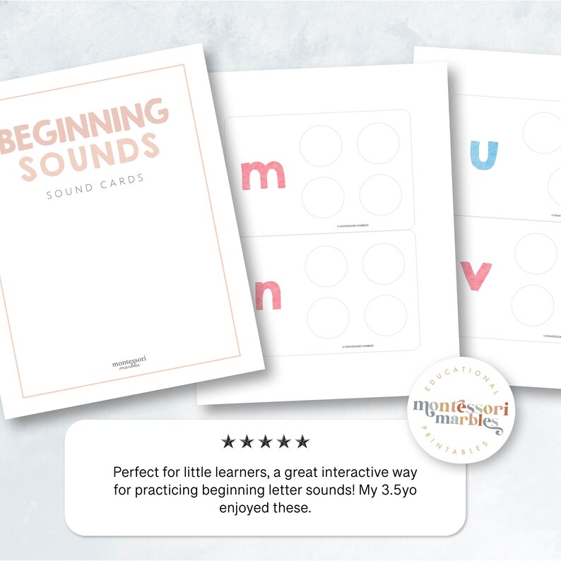May include: Printable beginning sounds learning cards featuring the letters M, N, U, and V. Each card has a letter and four circles for placing objects.