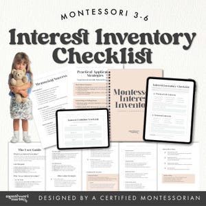 Op de afbeelding: Een Montessori Interest Inventory Checklist met de tekst "Interest Inventory Checklist" in een vetgedrukte lettertype. De afbeelding bevat een kind dat een teddybeer vasthoudt, een notitieboek en twee tablets met checklists en trackingformulieren. Het ontwerp is in neutrale tinten.