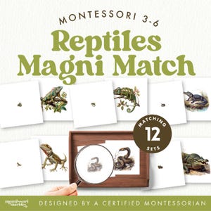 May include: Educational Montessori game "Reptiles Magni Match" for ages 3-6. The image displays 12 sets of matching cards featuring reptile illustrations, such as an iguana, chameleon, and snake. The game is designed by a certified Montessori educator.