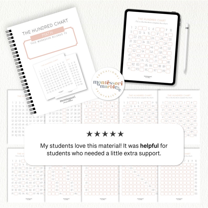 May include: A set of printable hundred charts for math education. The charts are designed for Montessori learning and feature a simple grid layout with numbers 1-100. The charts are perfect for helping children learn to count, identify numbers, and understand number patterns.