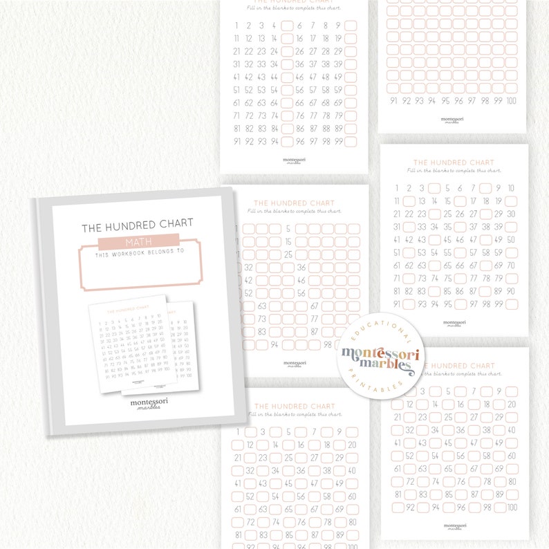 May include: A set of four printable hundred charts for math education. The charts are in a light pink color with black numbers and a white border. The charts are designed for children to learn to count and recognize numbers.