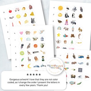 May include: A set of printable Montessori alphabet learning cards featuring colourful illustrations of various objects. The cards are designed for children to learn the alphabet and build vocabulary.