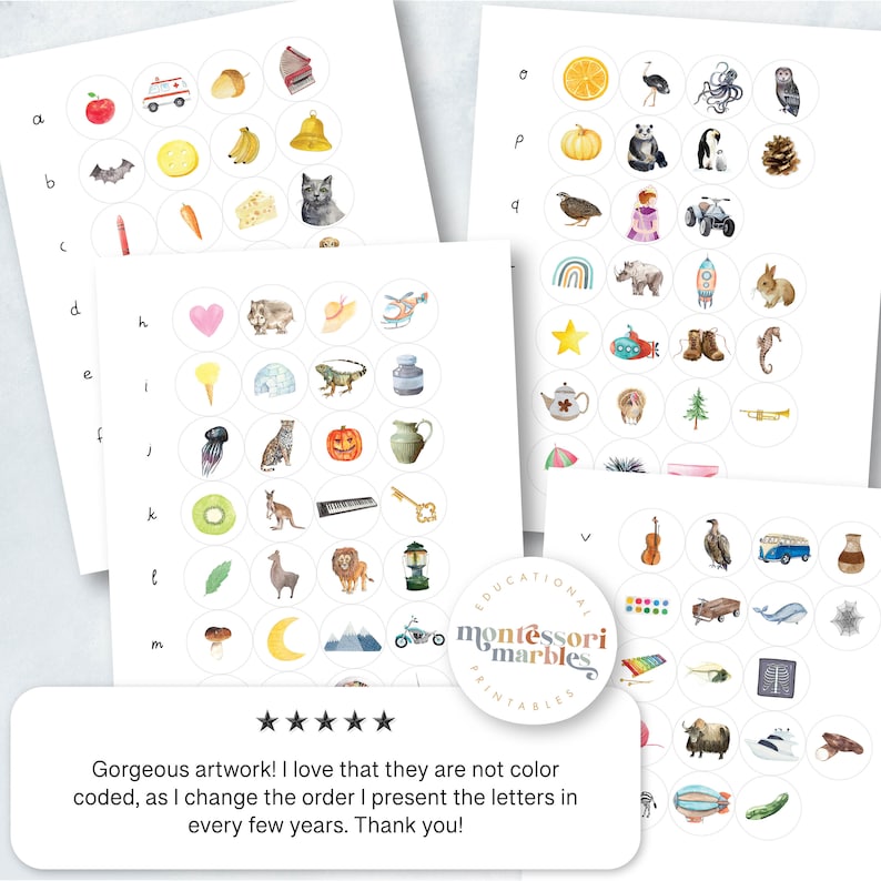 May include: A set of printable Montessori alphabet learning cards featuring colourful illustrations of various objects. The cards are designed for children to learn the alphabet and build vocabulary.
