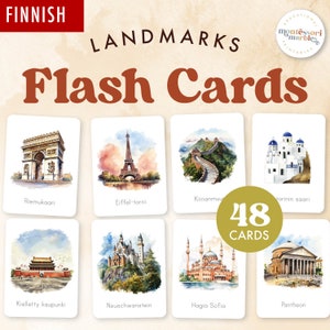 Tarjetas flash LANDMARKS en finlandés / Imprimibles inspiradas en Montessori / Monumentos populares en todo el mundo / Lugares famosos
