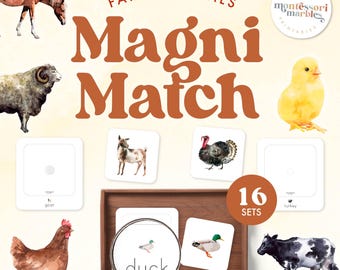 May include: A set of 16 farm animal matching cards. The cards are white with a watercolour illustration of a farm animal on each card. The cards are arranged in a grid on a wooden surface. The text "Magni Match" is written in large, brown letters at the top of the image. The text "16 Sets" is written in white letters on a brown circle in the lower right corner of the image.