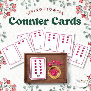 May include: Printable spring flower counter cards for kids. The cards feature pink flowers and numbers 1 through 10.  The cards are perfect for teaching counting and number recognition.