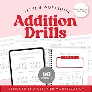 Ejercicios de suma, nivel 5 / Suma dinámica (PDF) de 8 a 10 años / Matemáticas Montessori para primaria superior