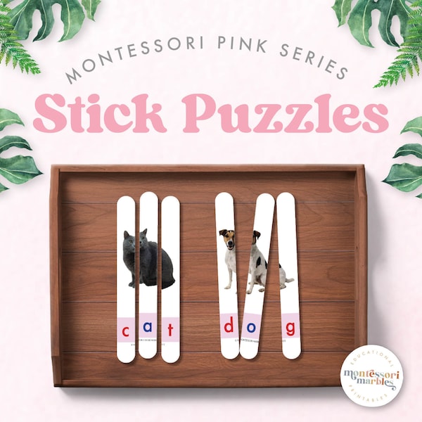 MONTESSORI PINK SERIES Craft Stick Puzzles | 60 cvc words for Early Literacy | Pre Reading Activities for Kindergarten