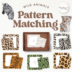May include: A set of printable Montessori pattern matching cards featuring wild animals. The cards feature zebra, cheetah, tiger, snake, and leopard prints. The cards are designed for children to learn about animal patterns and matching.