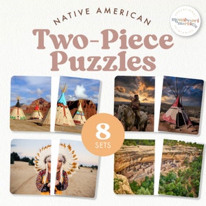 May include: Eight sets of two-piece puzzles featuring Native American themes. The puzzles include images of teepees, a Native American person in traditional clothing, a Native American person riding a horse, and a cliff dwelling. The puzzles are labeled "Native American Two-Piece Puzzles" and "8 Sets".