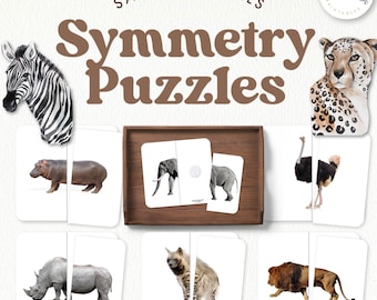 May include: A set of printable symmetry puzzles featuring safari animals. The animals include a zebra, hippopotamus, elephant, ostrich, rhinoceros, hyena, and lion. The puzzles are designed to help children learn about symmetry.