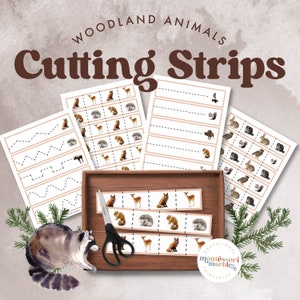 May include: Printable woodland animal cutting strips for kids. The strips feature images of a fox, deer, hedgehog, squirrel, raccoon, and owl. The printable sheets are labeled "Woodland Animals Cutting Strips".