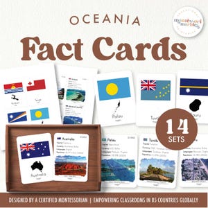 OCEANIA Fact Cards with Watercolor Painting | Montessori Inspired Printable | 14 Oceanian Countries | Montessori Flash Cards