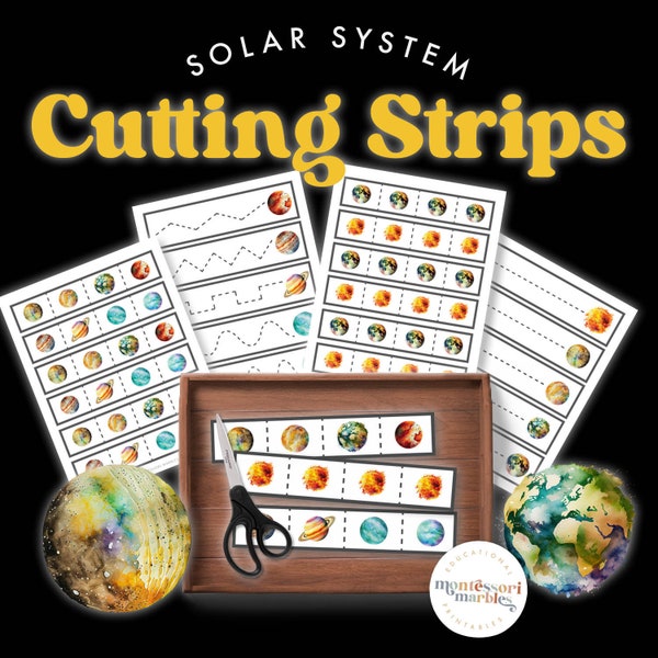 SOLAR SYSTEM Cutting Strips for Scissor Skills | Montessori Inspired Preschool Age Activity for Homeschool and Classroom | Outer Space