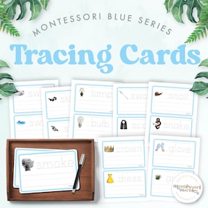 Cartões de rastreamento da série MONTESSORI BLUE | Rastreamento de palavras | Misturas de consoantes | Vogais Schwa | Soletração de palavras de 4 e 5 letras | Recursos Montessori