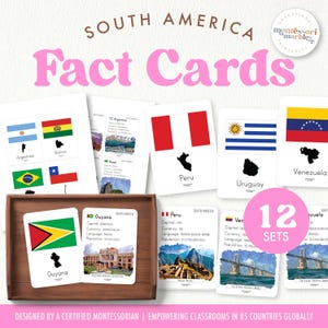 Cartes d'information sur l'AMÉRIQUE DU SUD avec peinture à l'aquarelle | Inspiré de Montessori imprimable | 12 pays d'Amérique du Sud | Cartes flash Montessori