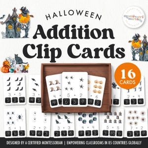 HALLOWEEN Zugabe Clip Karten, Einstellige Zugabe | Lustige Mathe Karteikarten für den Kindergarten und die erste Klasse | Montessori inspirierte Printables