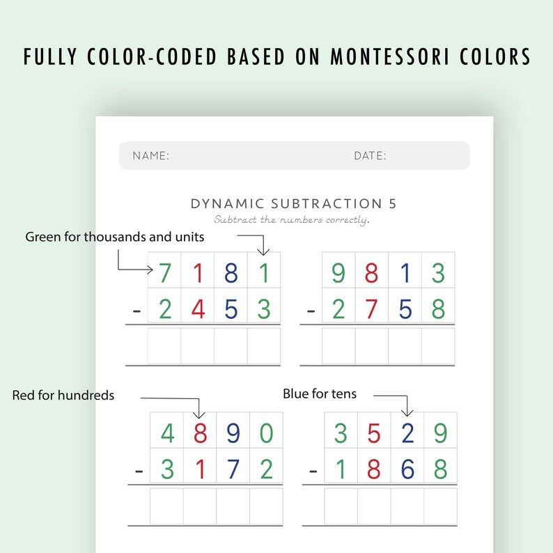 Subtraction Worksheets Grade 4-6 | Math Drills Ages 9-12 | Advanced Four-Digit Mastery PDF | Montessori Printable image 5