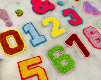Chenille numbers and punctuations (iron on/ sew on) great for cosmetic bags personalization and clothing