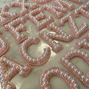 sELF ADHESIVE pearl lettering with PINK background and crystal trim great for cometic pouches jackets DIY