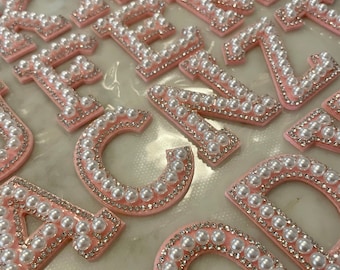 sELF ADHESIVE pearl lettering with PINK background and crystal trim great for cometic pouches jackets DIY